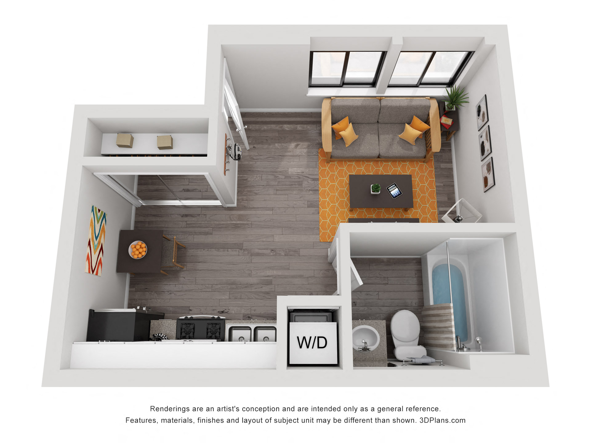 Floor plan for studio, 1 bath, 313 sqft